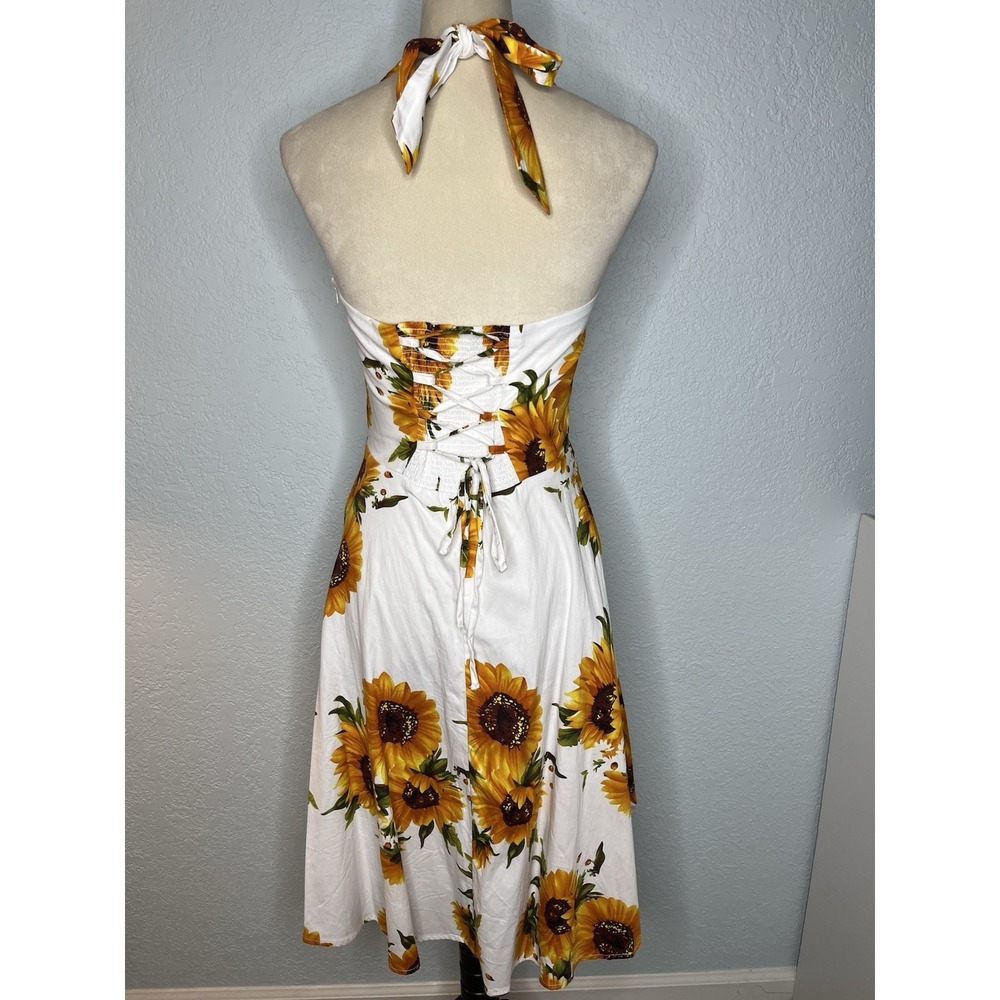 Topdress 1950s Halter Retro Cocktail Dress Sunflower Lace Up Corset Back M - Picture 3 of 10
